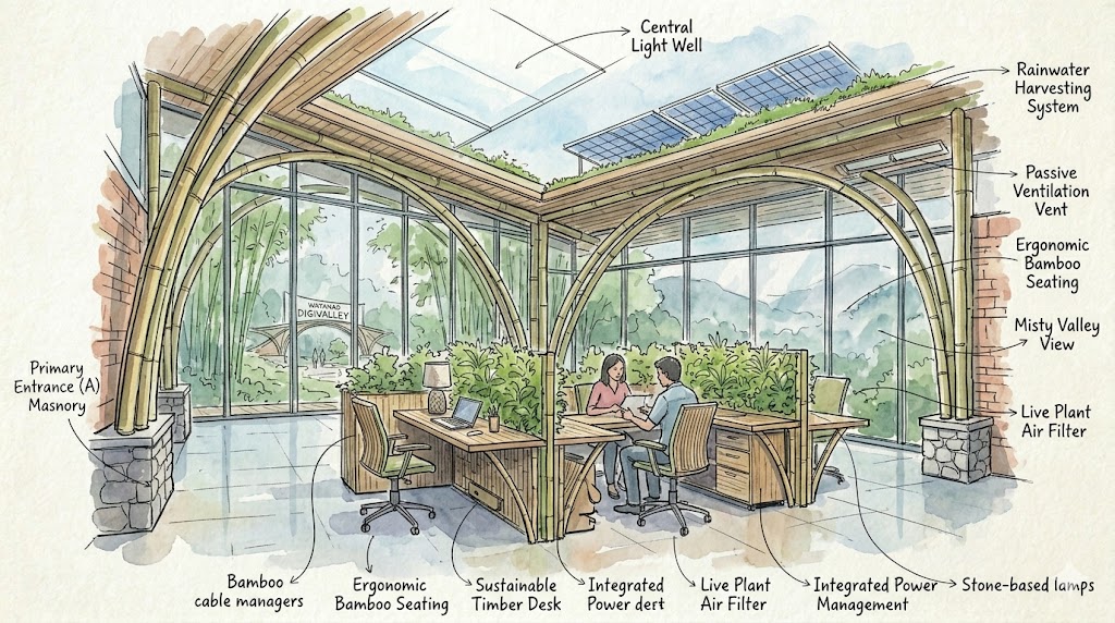 Watercolour interior of a bamboo coworking sanctuary with misty valley views