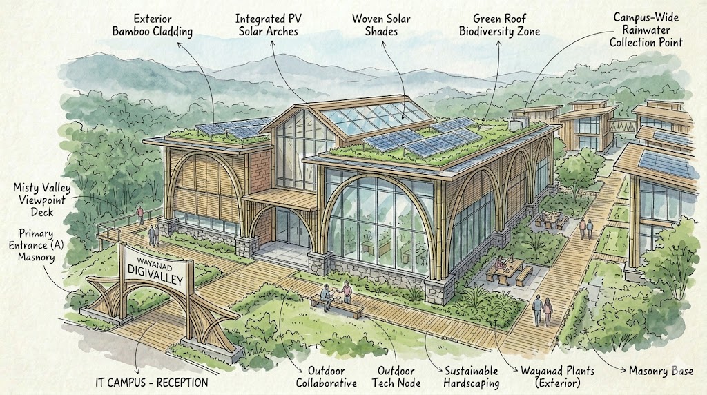 Watercolour aerial of the Digivalley IT campus nestled in the green hills