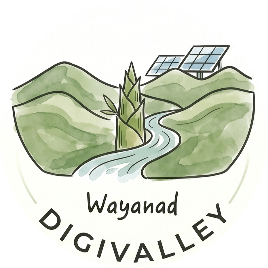 Wayanad Digivalley logo — a watercolour mark of green hills, a river and a solar panel
